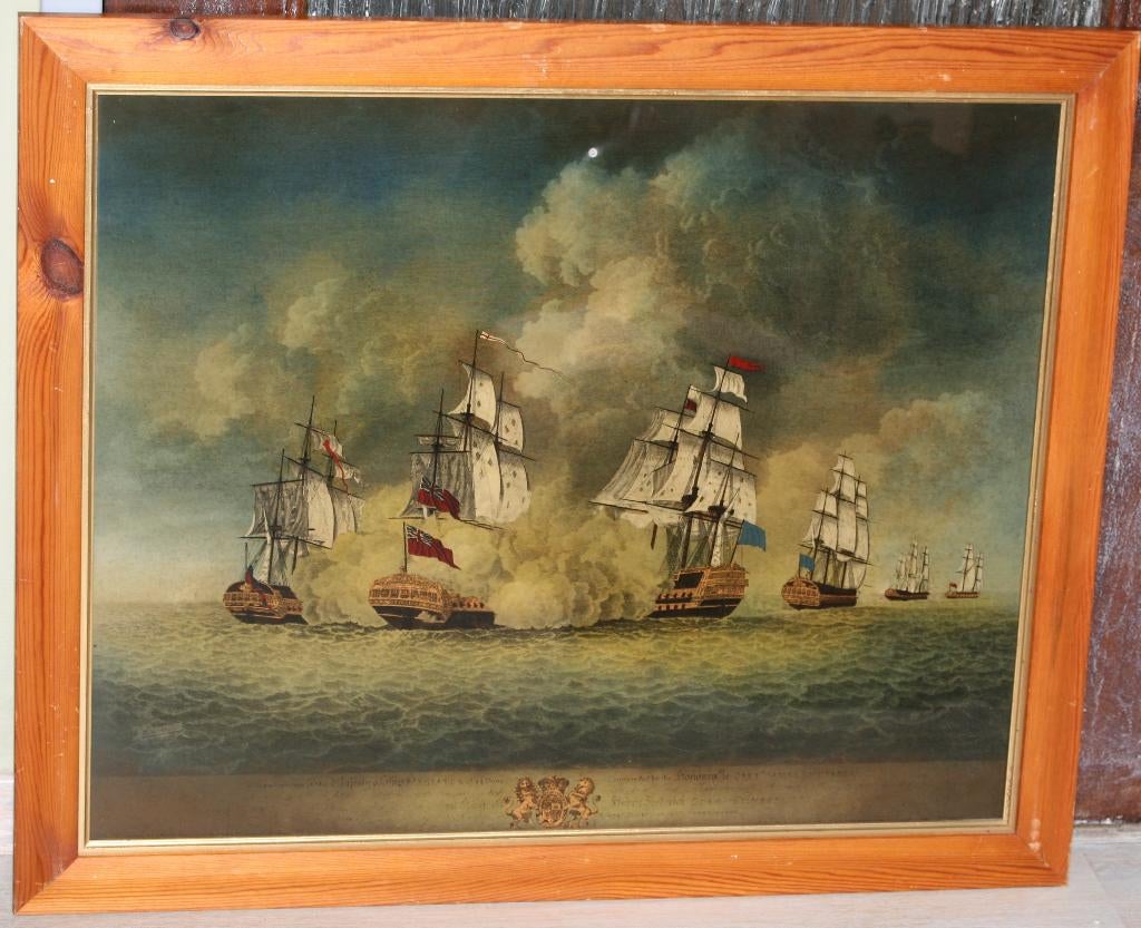 Omgekeerd geschilderde marine gravure op glas, Enlèvement ou Envoi, Gravure, Coloré à la main