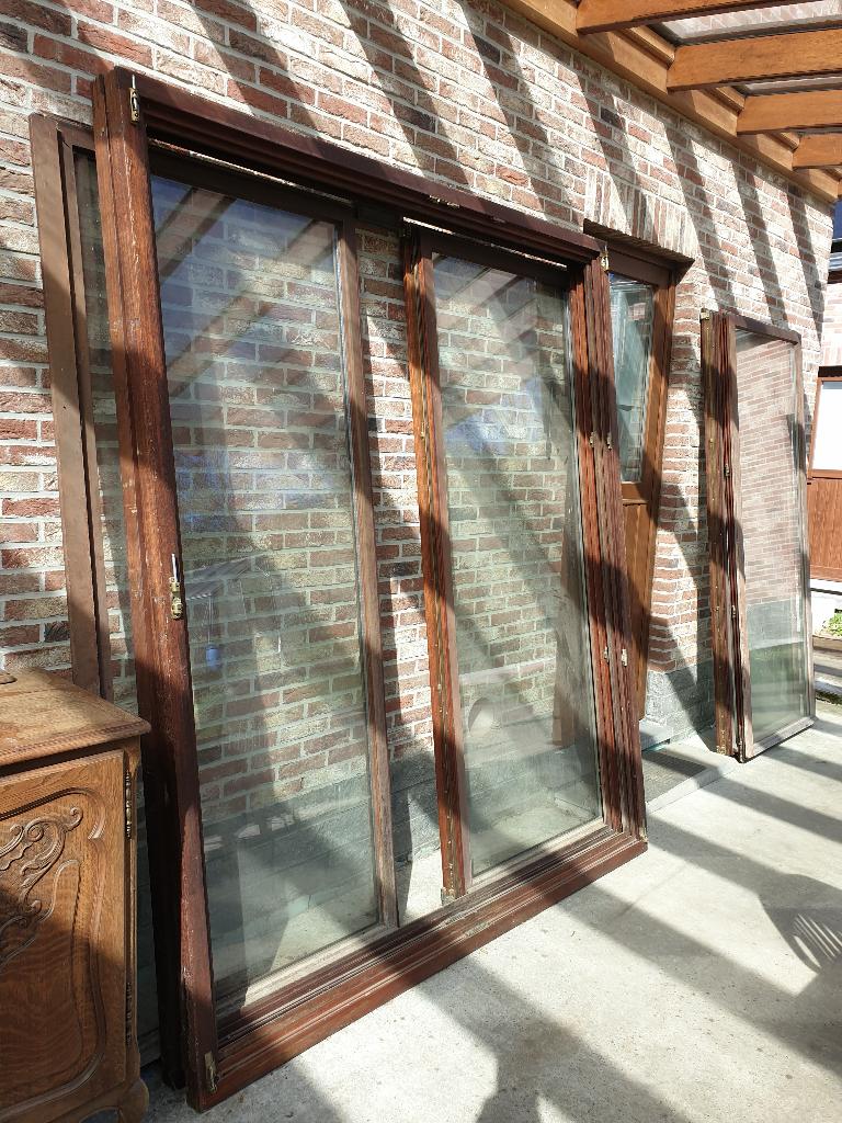 2 dubbele openslaande deuren in massief MERBAU, Doe-het-zelf en Bouw, Glas en Ramen, Gebruikt, Gevelraam of Ruit, 160 cm of meer