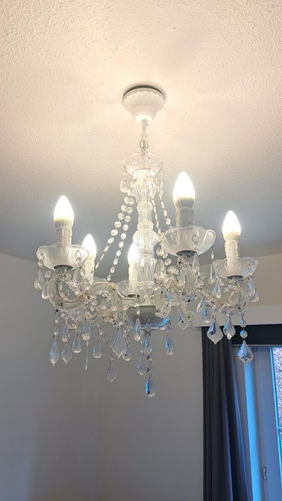 Glazen kroonluchter, inclusief 5 ledlampen in kaarsvorm, Huis en Inrichting, Lampen | Kroonluchters, Ophalen