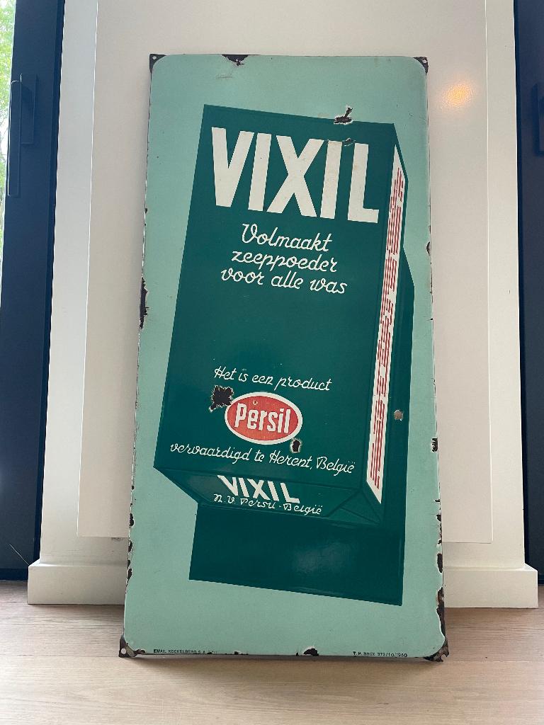 Zwaar oud emaille reclamebord Vixil-Persil, Ophalen of Verzenden, Gebruikt, Reclamebord