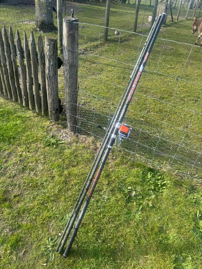 2 x Vercelli cobera2 4,50m met Shimano 10000 molens, Watersport en Boten, Hengelsport | Algemeen, Ophalen, Gebruikt, Complete hengel