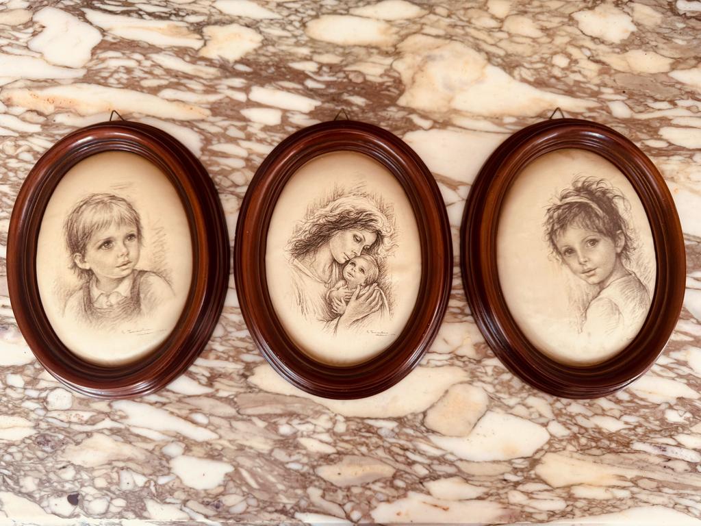 3 vintage zijden portret van kinderen van 1950, Antiek en Kunst, Ophalen of Verzenden