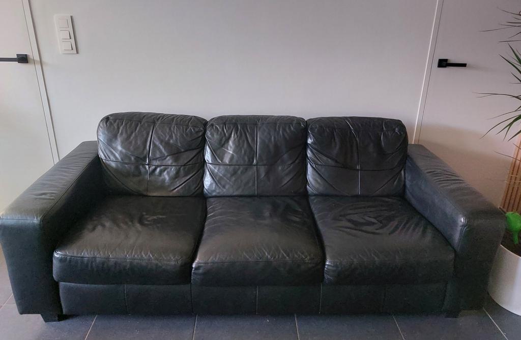 Zwart lederen salon, Huis en Inrichting, Zetels | Complete zithoeken, Gebruikt, Overige materialen, Ophalen