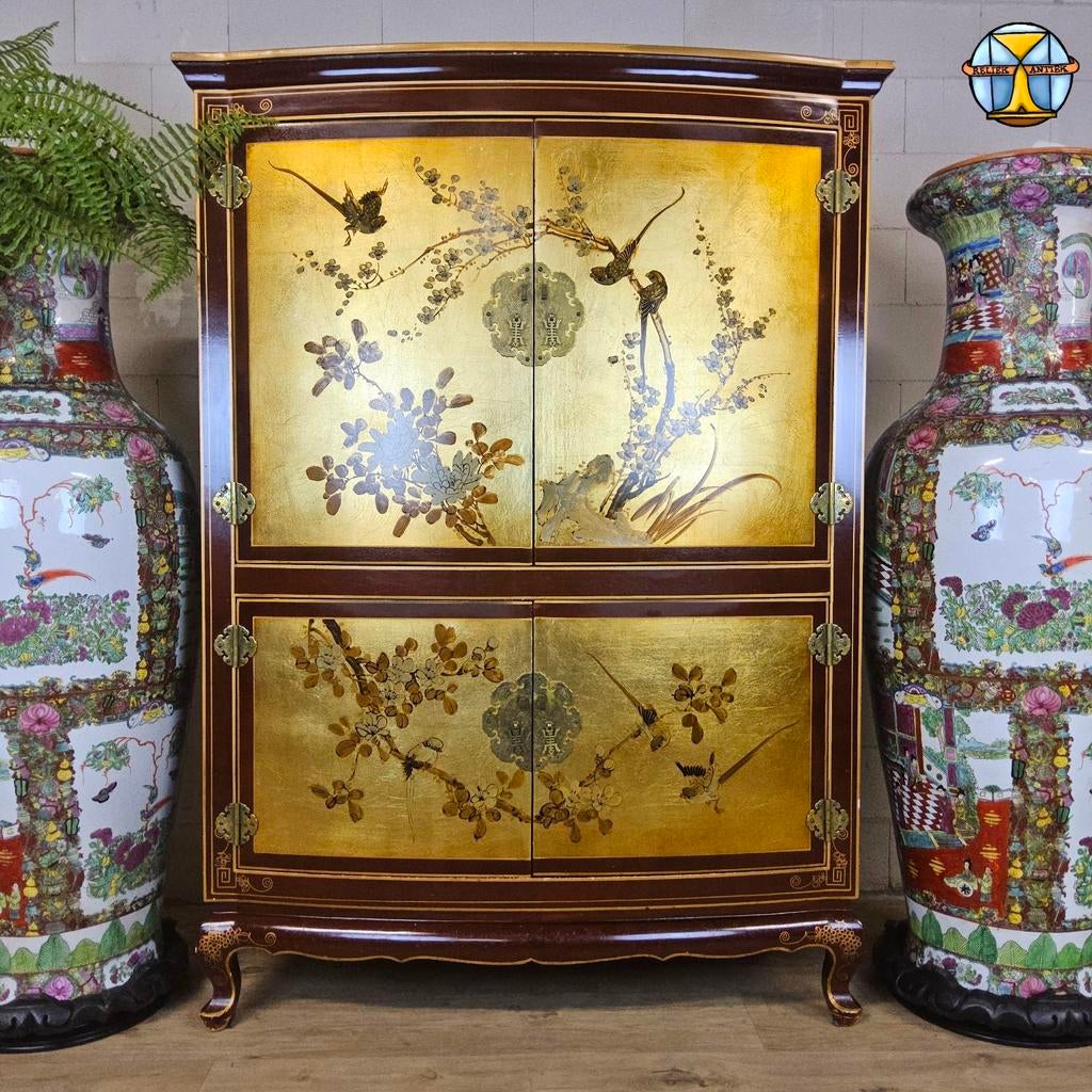 Vintage Chinese kast bladgoud en bloemen / oosterse kast, Antiek en Kunst, Ophalen of Verzenden
