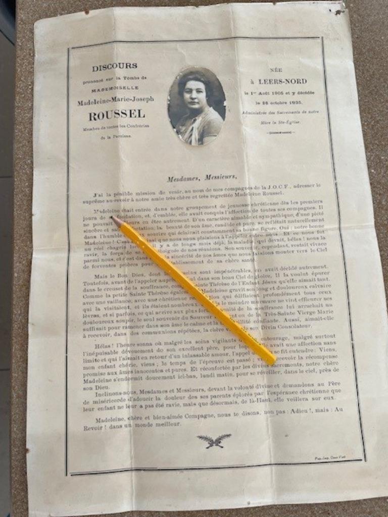 Carte de deuil spéciale Mme Madeleine ROUSSEL LEERS NORD FR, Enlèvement ou Envoi, Image pieuse