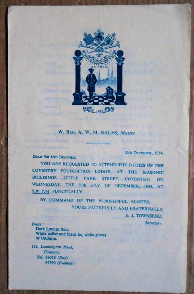 Request to attend the Duties of the Coventry Lodge - 1954, Gelezen, Achtergrond en Informatie, Editorial, Ophalen of Verzenden