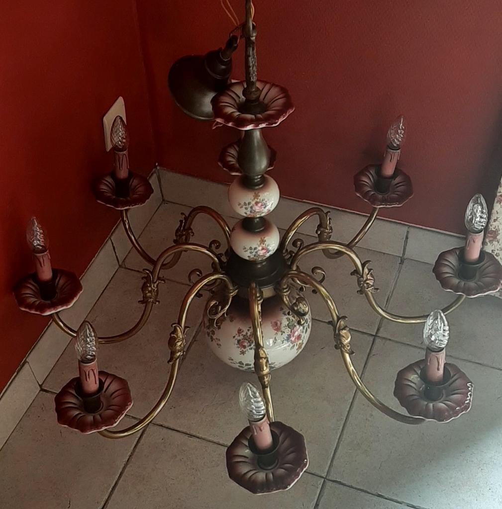 Magnifique lustre en porcelaine et cuivre., Enlèvement