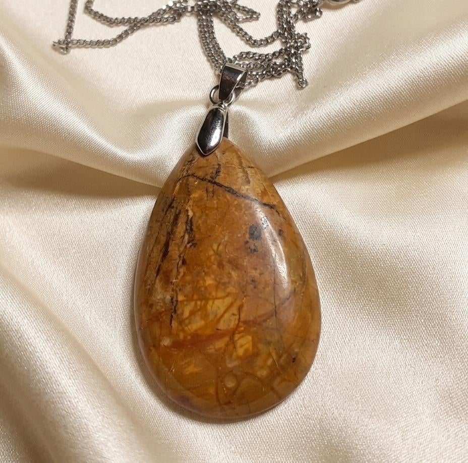 Ketting edelsteen hanger gele jaspis druppel, Bijoux, Sacs & Beauté, Colliers, Neuf, Pierre ou Minéral, Brun, Avec pendentif