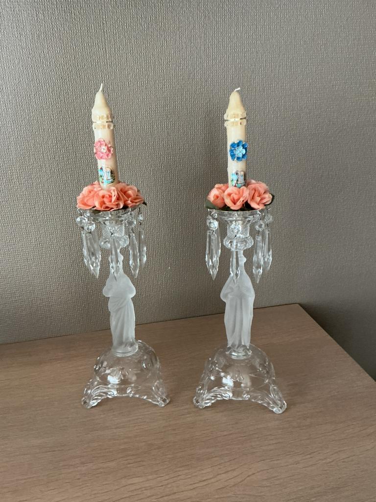 2 mooie antieken kandelaars, Ophalen, Glas