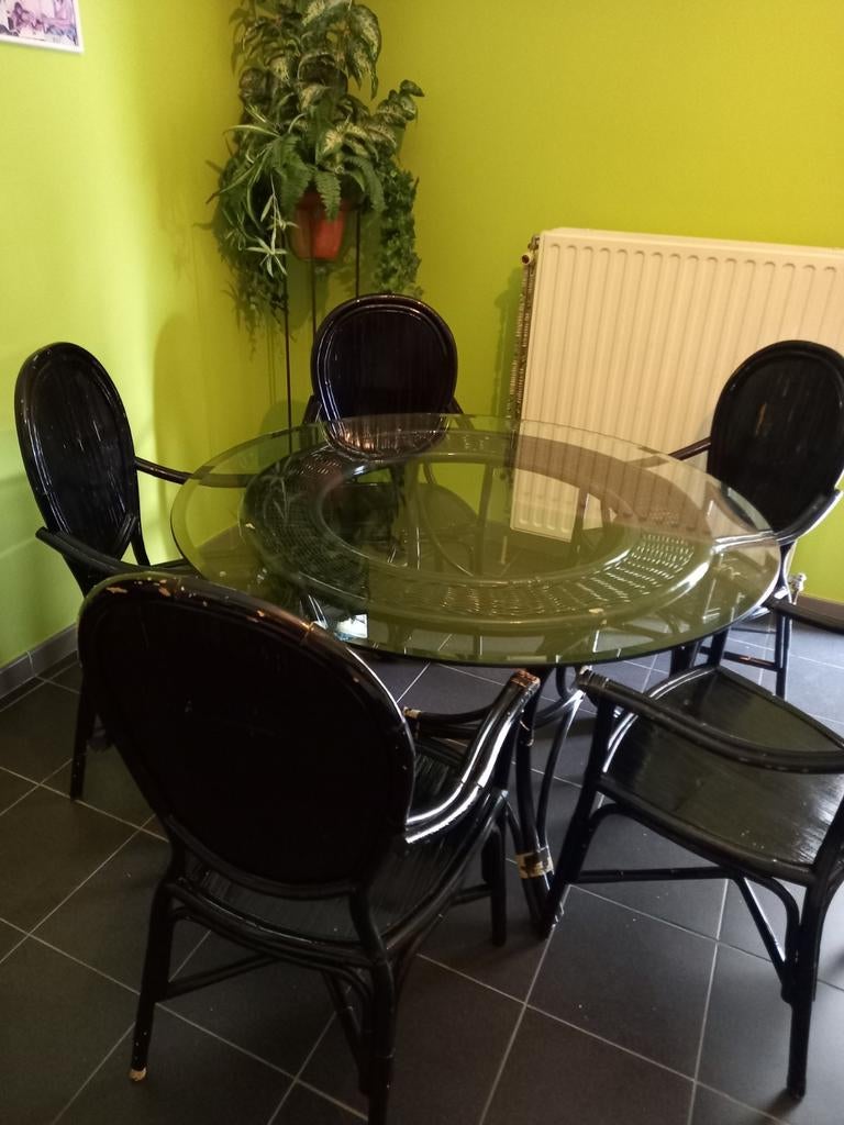 Vintage unieke rotan ronde eettafel met bijpassende 5 stoele, Ophalen, Rotan, Eettafel