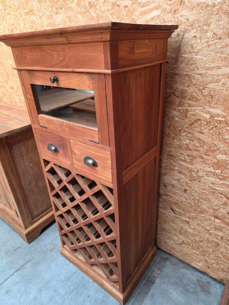 Mooi massief teakhouten wijnkastje 140cm Hoogte, Huis en Inrichting, Ophalen, Hout