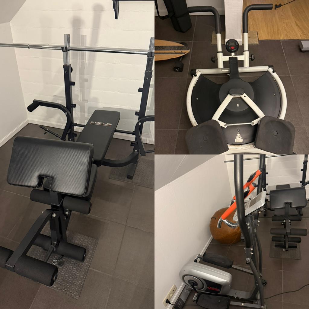 3 toestellen samen (bench+schuine buikspieren+hometrainer), Sport en Fitness, Ophalen, Zo goed als nieuw