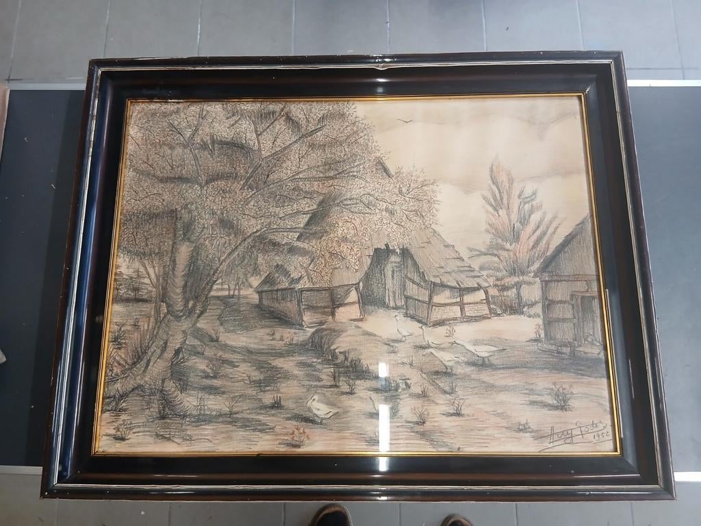Tekening schuur met ganzen , gesigneerd 1952, Antiek en Kunst, Ophalen