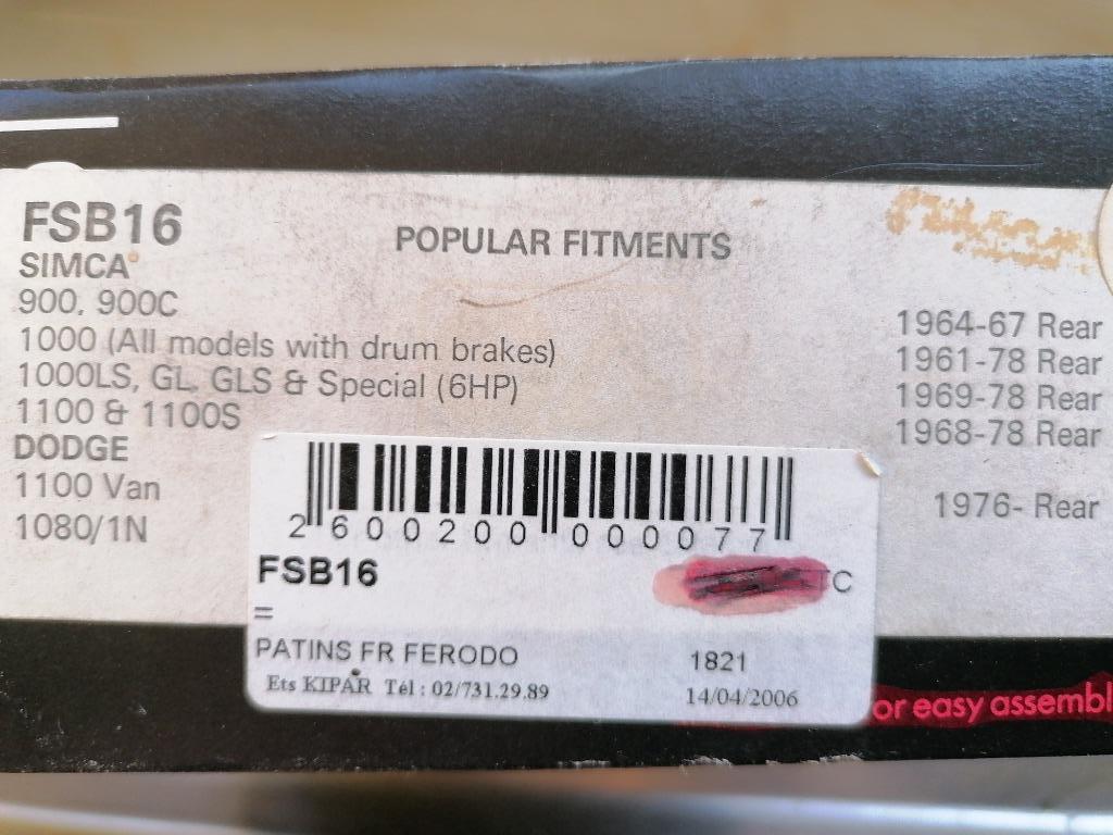 Simca 900 1000  1100 remschoenen achter, Verzenden, Nieuw, Overige automerken