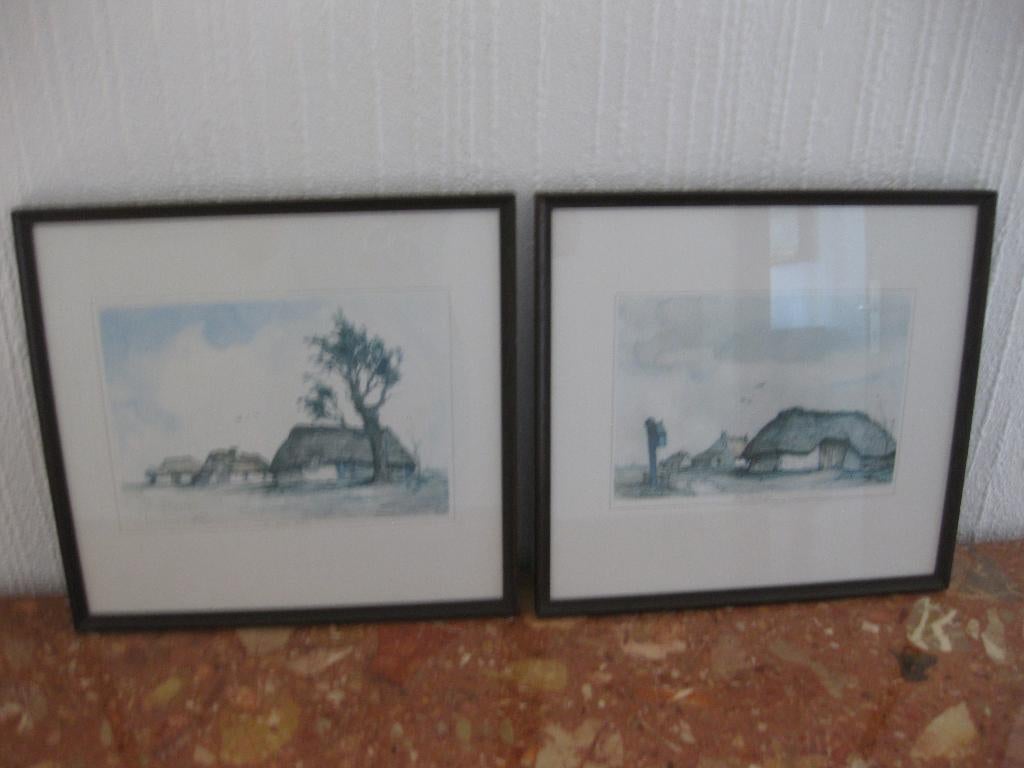 Aquarelles reproduction chaumières prix pour les 2, Ophalen