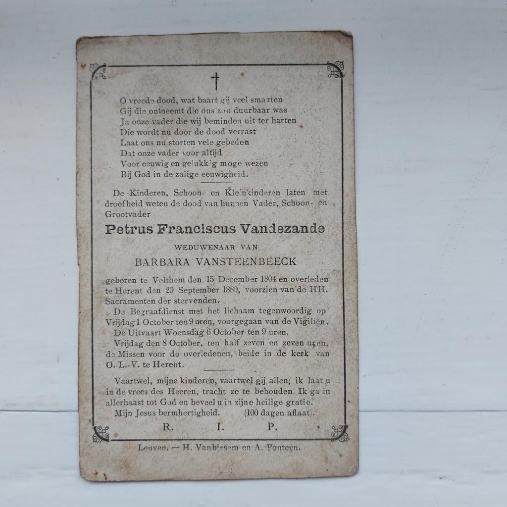 Oud bidprentje Veltem/Herentals 1804-1880, Verzamelen, Bidprentjes en Rouwkaarten, Ophalen of Verzenden, Bidprentje