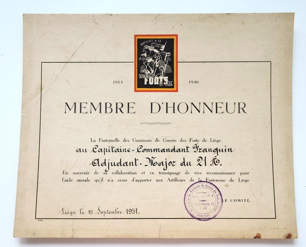 1914-1940 FORT DE LIEGE oud diplomadocument, Verzamelen, Militaria | Tweede Wereldoorlog, Overige soorten, Ophalen of Verzenden