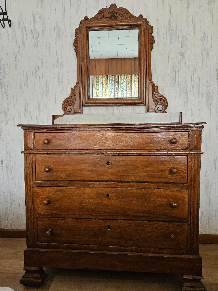 Antieke commodekast met spiegel en 4 schuiven (100 jaar), Ophalen, Rechthoekig, 50 tot 100 cm, 150 tot 200 cm