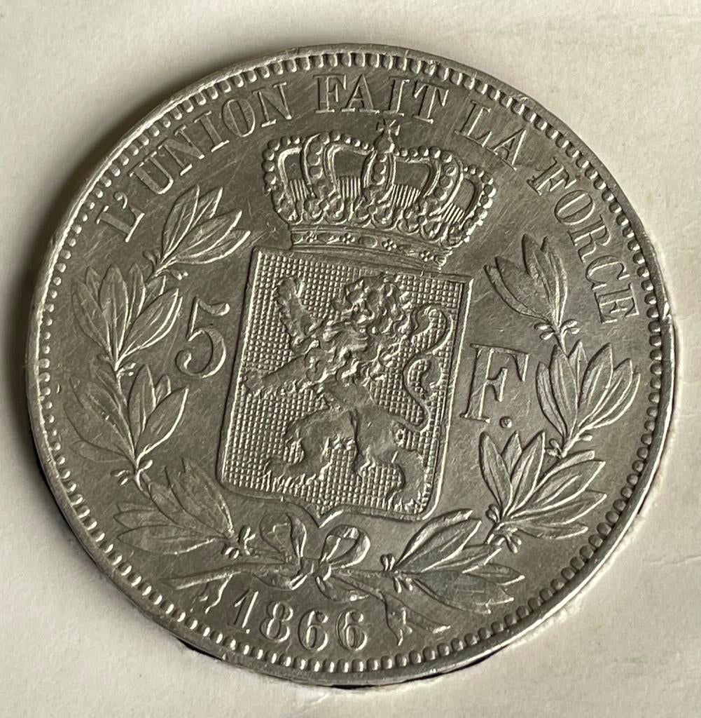 1866 - 5 francs - Leopold II, Postzegels en Munten, Ophalen of Verzenden, Zilver