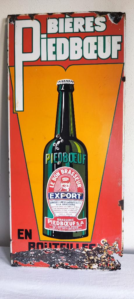 EMAILLE BORD PIIEDBŒUF BIERES 1933, Verzamelen, Merken en Reclamevoorwerpen, Ophalen of Verzenden, Gebruikt, Reclamebord