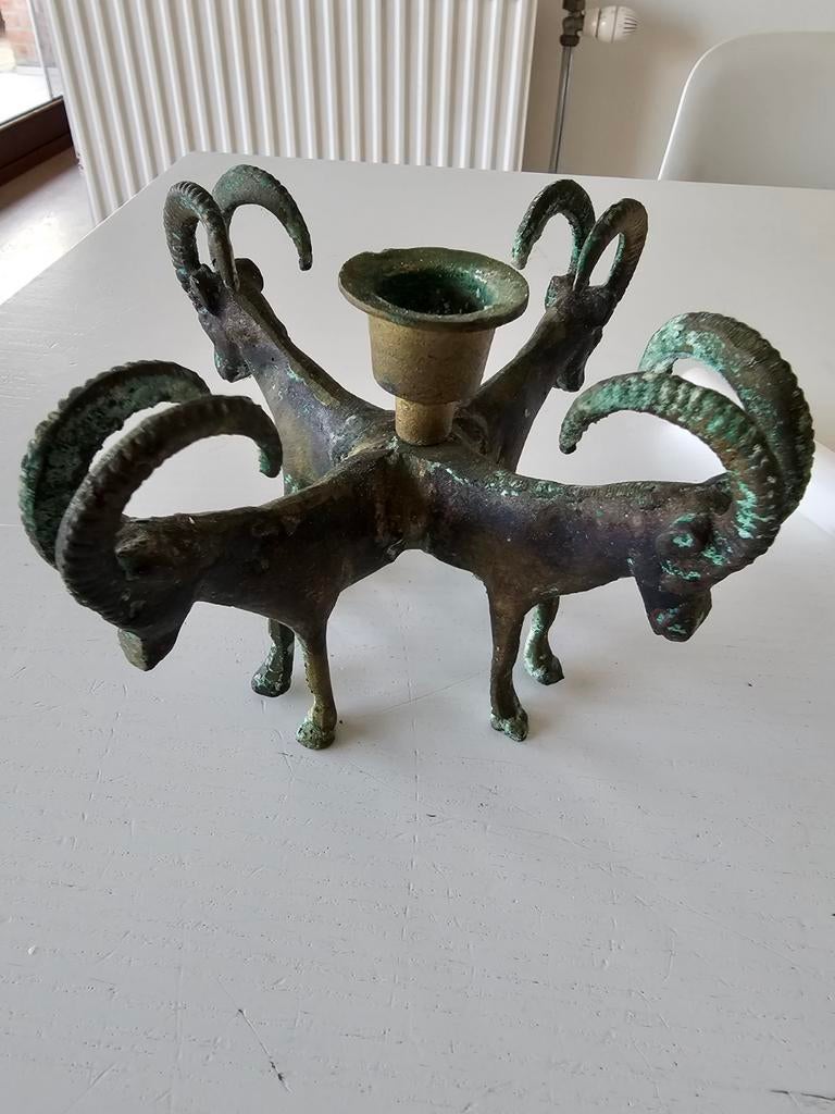 Vintage massief messing kandelaar uit de jaren 1950 groen pa, Antiek en Kunst, Ophalen of Verzenden