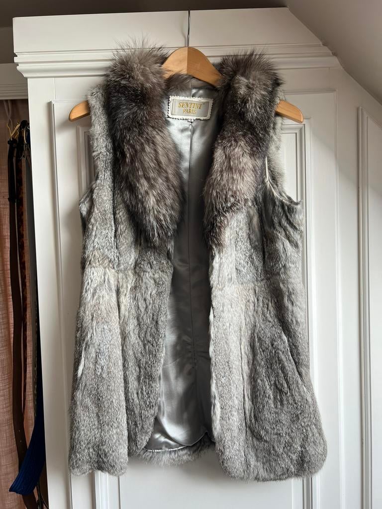 Manteau sans manche fourrure de lapin avec col en renard, Enlèvement ou Envoi, Comme neuf