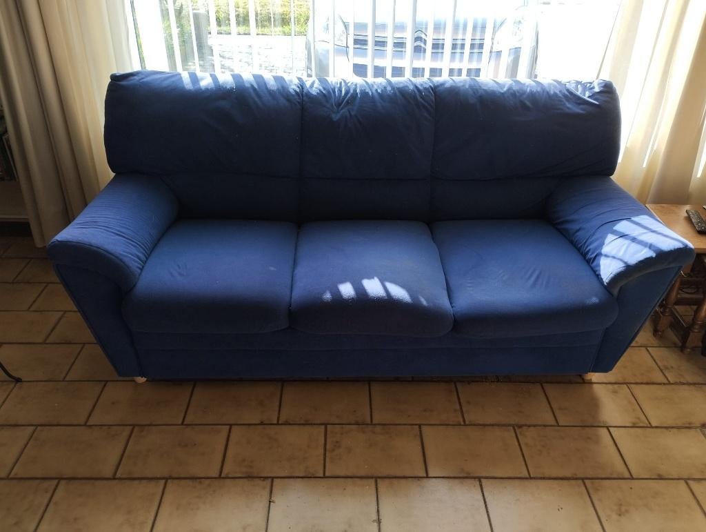 Gratis: 2 blauwe zetels, elk 1m90, Huis en Inrichting, Zetels | Zetels, Ophalen, Gebruikt, 150 tot 200 cm, Rechte bank