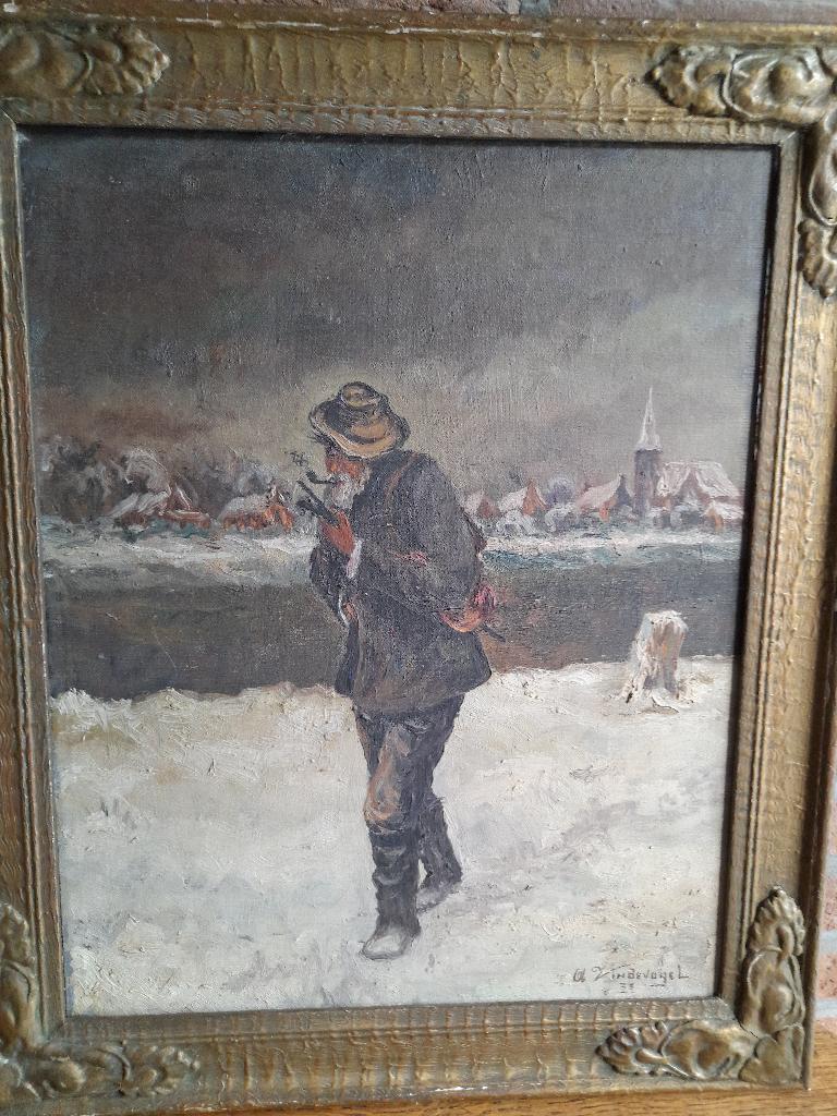 Schilderij man in sneeuw, Ophalen