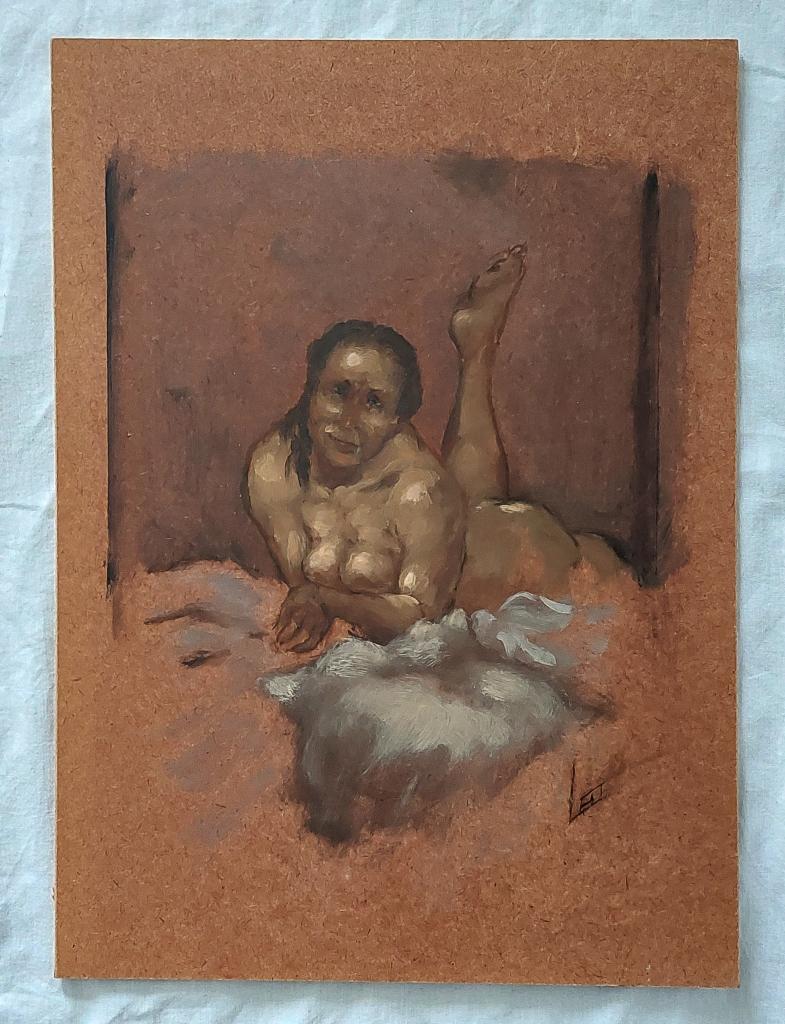 Schilderijtje/ Studie van Liggend Naakt - Olieverf, Ophalen of Verzenden