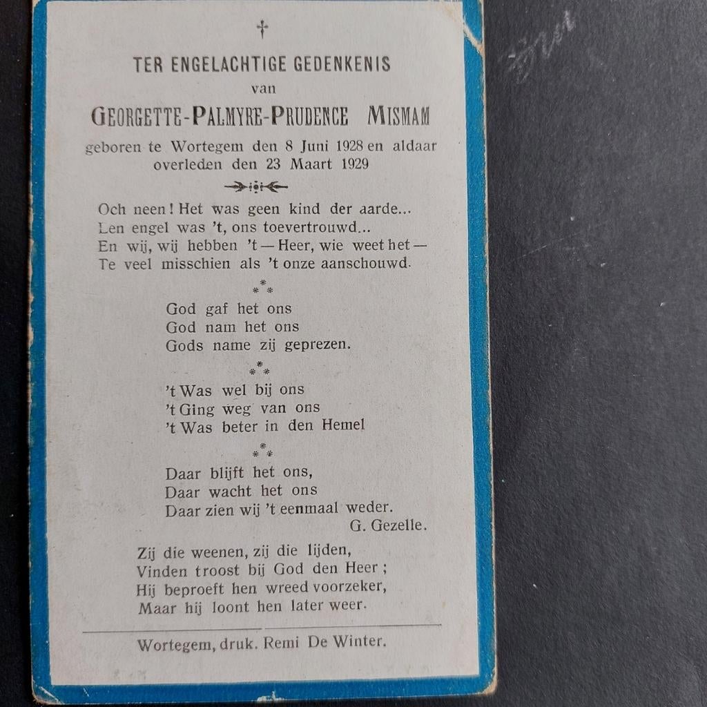 Bidprentje kindje Wortegem 1928-1929, Verzamelen, Bidprentjes en Rouwkaarten, Ophalen of Verzenden, Bidprentje