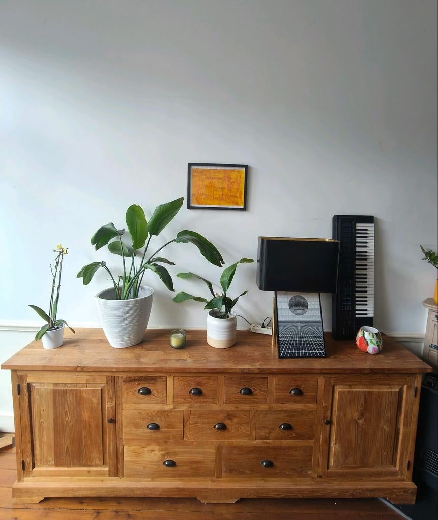 Buffet Dressoir meuble teck 250x50x91, Teck, 200 cm ou plus, Avec tablette(s), Comme neuf