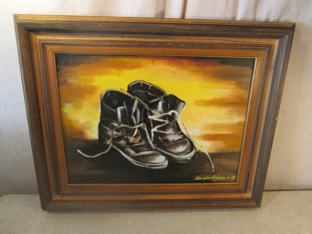 Œuvre magnifiquement peinte « Old Shoes » - Van der heijden, Antiquités & Art, Art | Peinture | Classique, Enlèvement ou Envoi
