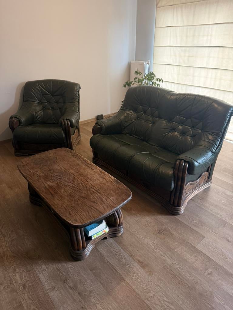 Groene lederen salon met salontafel, Huis en Inrichting, Ophalen, Gebruikt, Leer