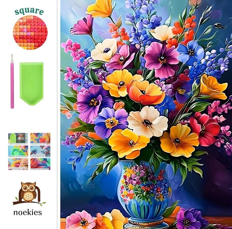 N 51 Peinture au diamant, fleurs, 50x40cm (carrée), Neuf, Multicolore, Autocollant, Diamond painting