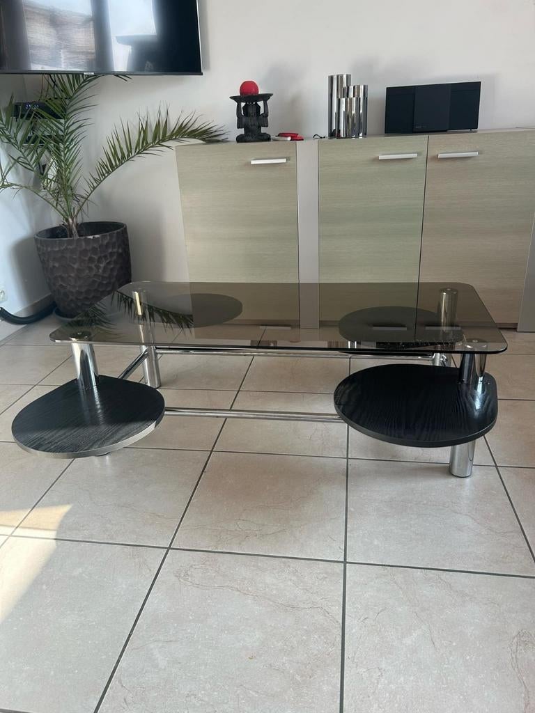 Vintage, table basse verre fumé,plateaux pivotants, Maison & Meubles, Tables | Tables de salon, Enlèvement, Comme neuf