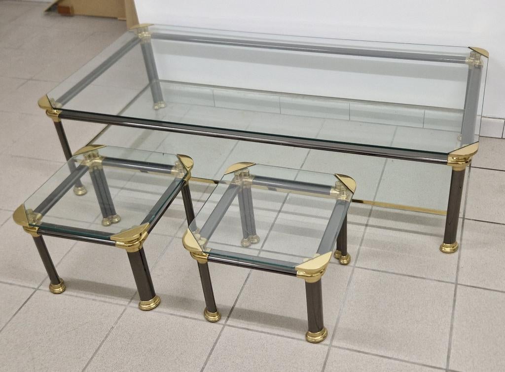 Tables en verre + chariot + étagère dorée, Enlèvement, Utilisé, Verre