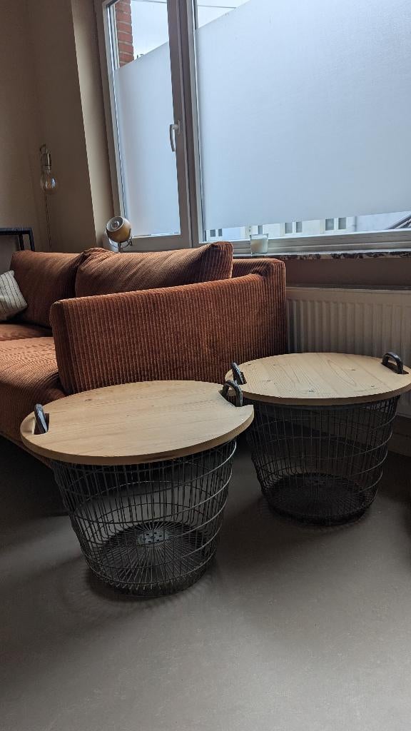 Corbeilles en métal/table d'appoint avec plateau en bois, Rond, Enlèvement, Autres matériaux, Panier
