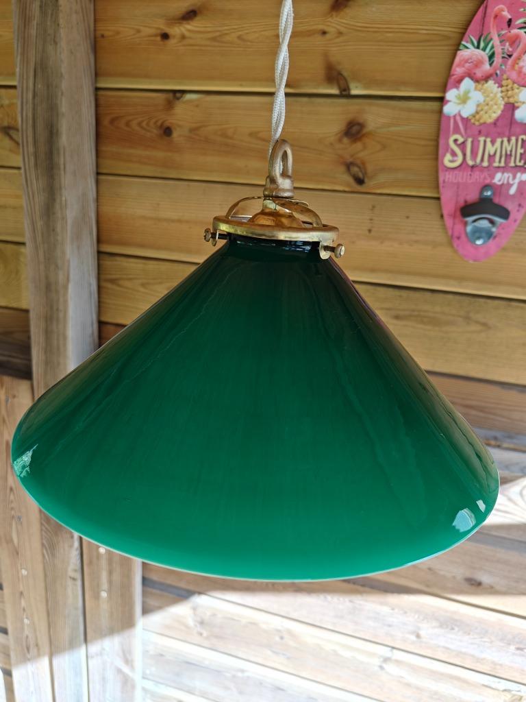 LAMPE SUSPENDUE ART DÉCO - OPALINE - VERT CÔNE 1920-30, Moins de 50 cm, Enlèvement ou Envoi, Comme neuf, Verre