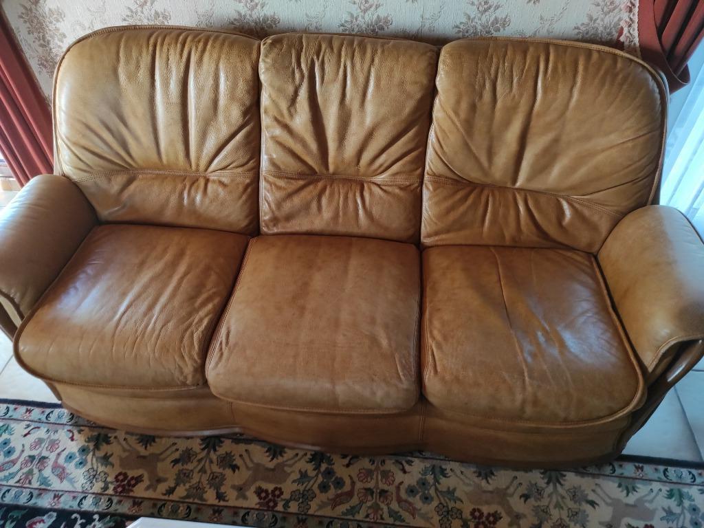 Lederen salon, zetel 3-zit en 1-zit, lichtbruin, Huis en Inrichting, Zetels | Zetels, Ophalen, Gebruikt, Italiaans leder, 150 tot 200 cm
