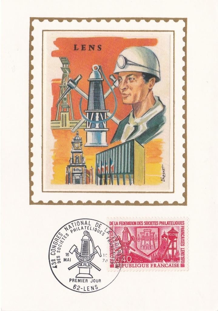 FDC - postzegel en -kaart - 1e dag - LENS - 1970 - op zijde, Postzegels en Munten, Postzegels | Europa | Frankrijk, Gestempeld