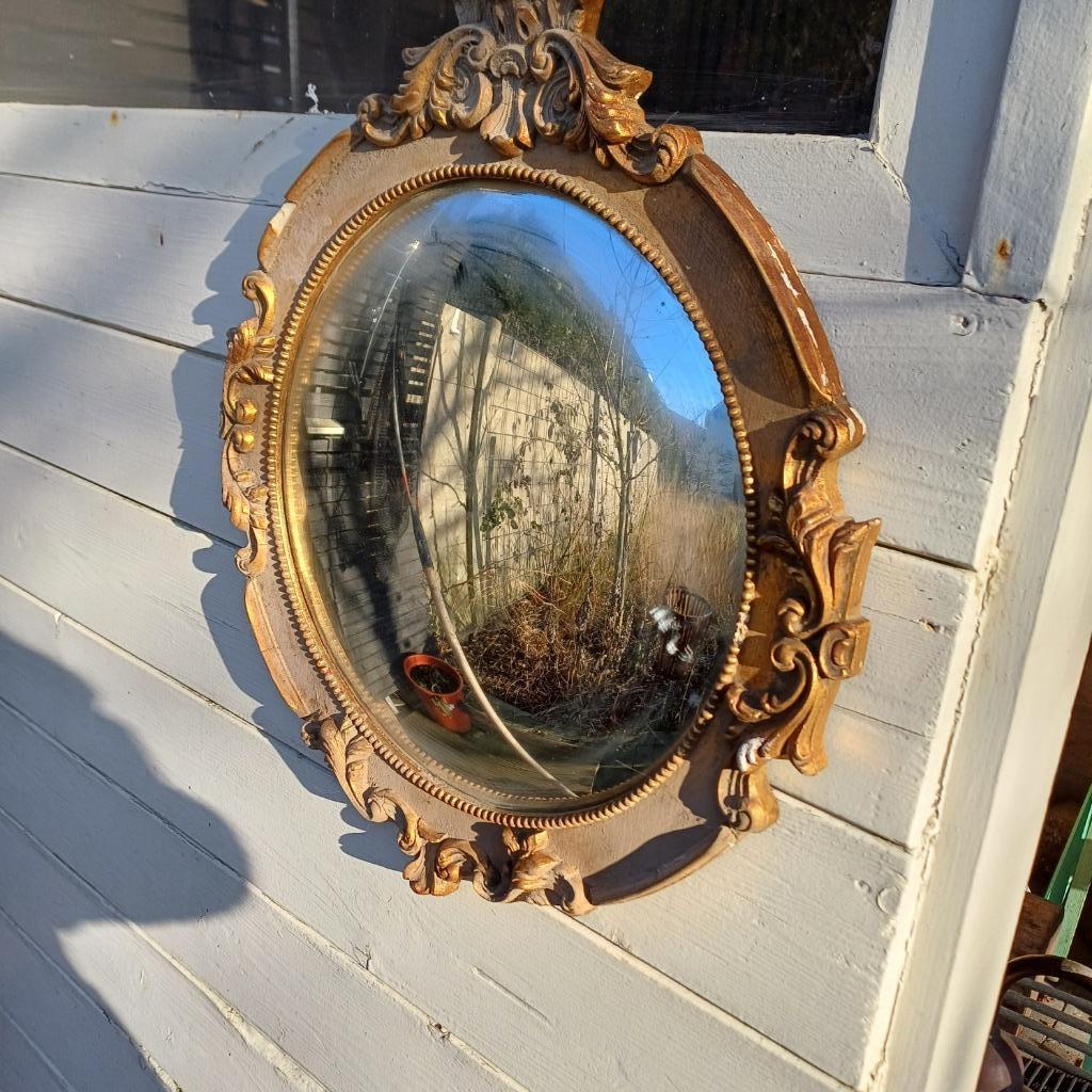 Oude verguld houten bolle spiegel, Ophalen, Rond, Minder dan 50 cm, Minder dan 100 cm