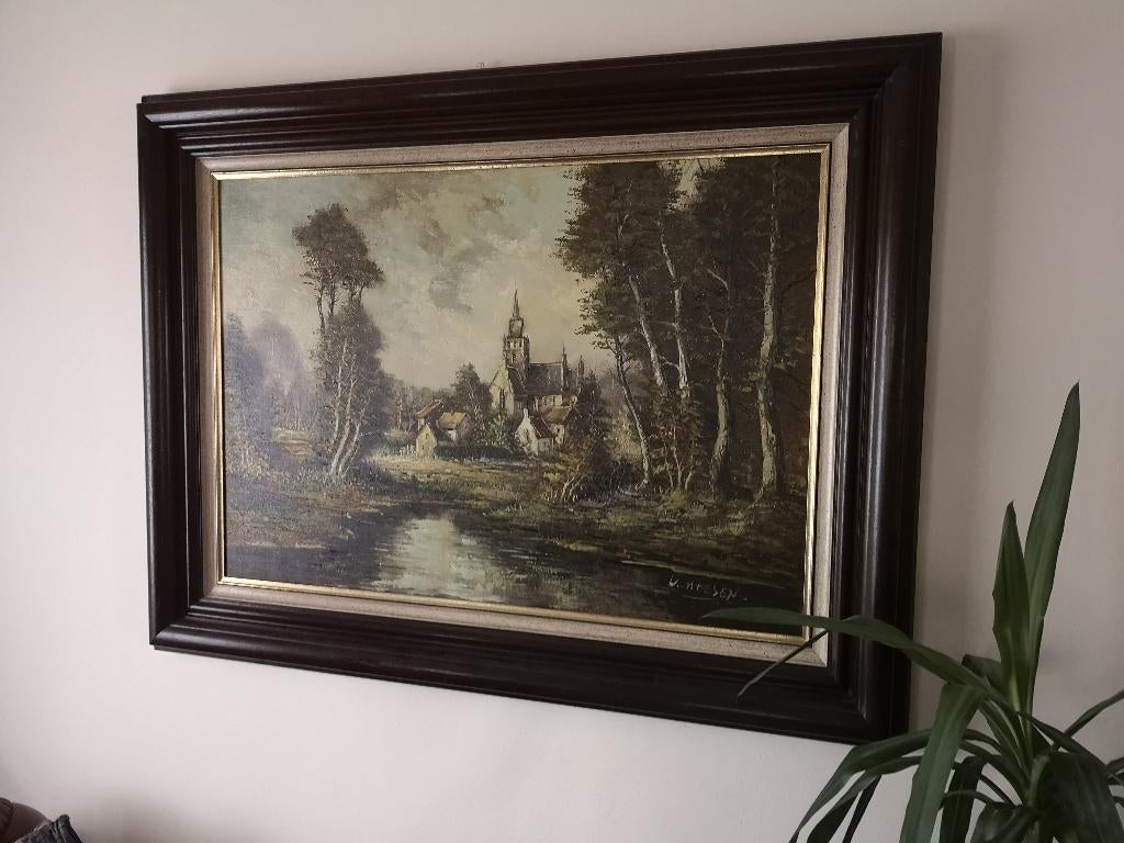 Schilderij W.Hoesen – Dorp met kerk – 98x128 cm, Antiquités & Art, Enlèvement