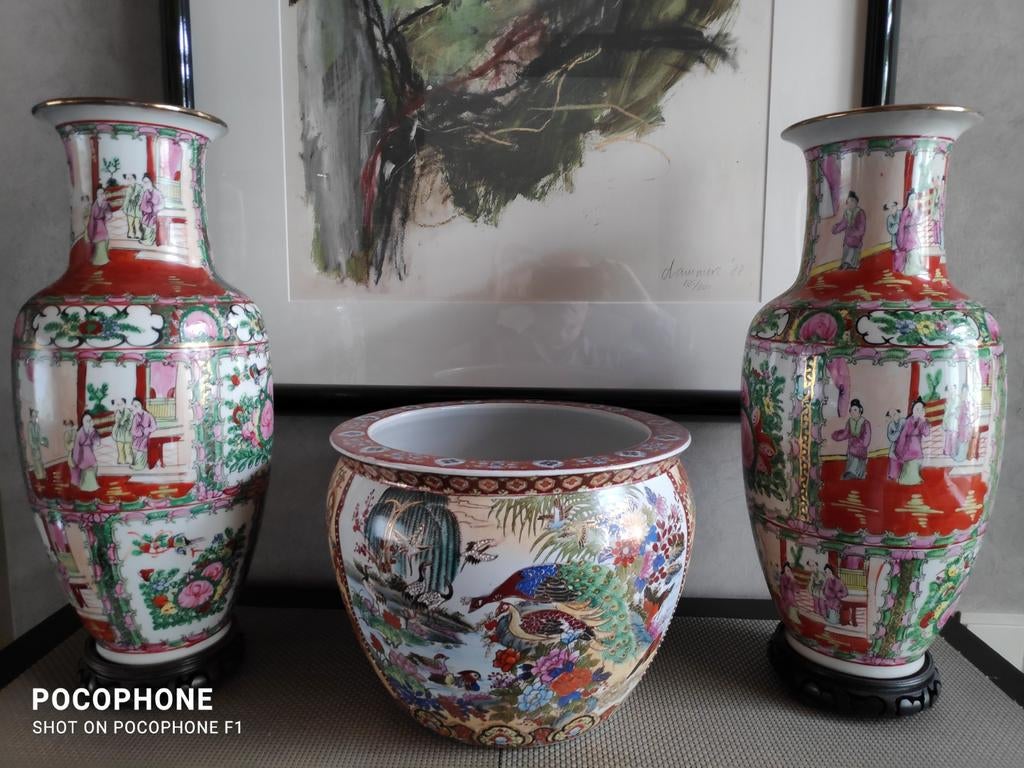 Japanse vis bokaal + 2 Chin.vazen., Antiek en Kunst, Ophalen of Verzenden