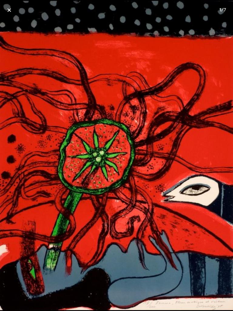 Corneille LITHO “Femme, Fleur Exotique et Oiseau”, Antiek en Kunst, Ophalen