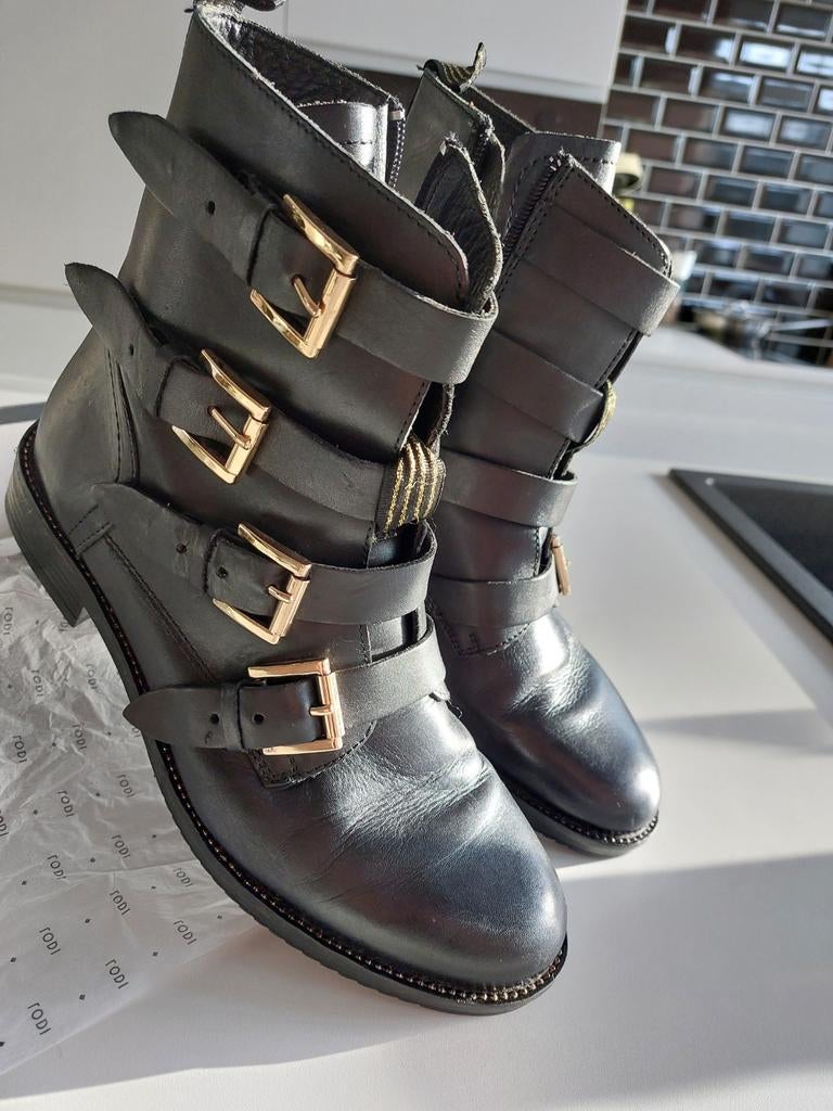 Bottes de motard en cuir avec boucle dorée - Cypress - taill, Enlèvement ou Envoi, Cypres, Comme neuf, Boots et Botinnes