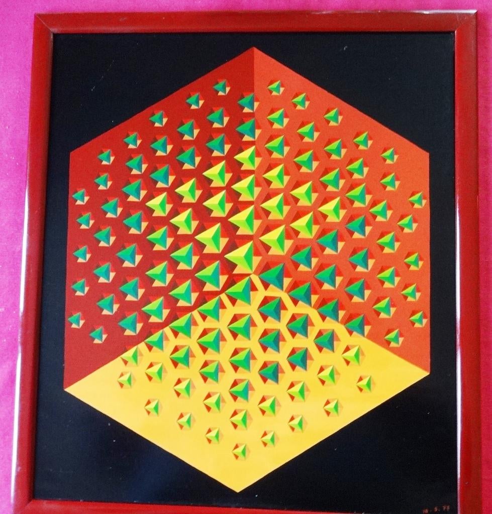 Peinture géométrique Inspiration Vasarely de 1973, Antiquités & Art, Enlèvement ou Envoi