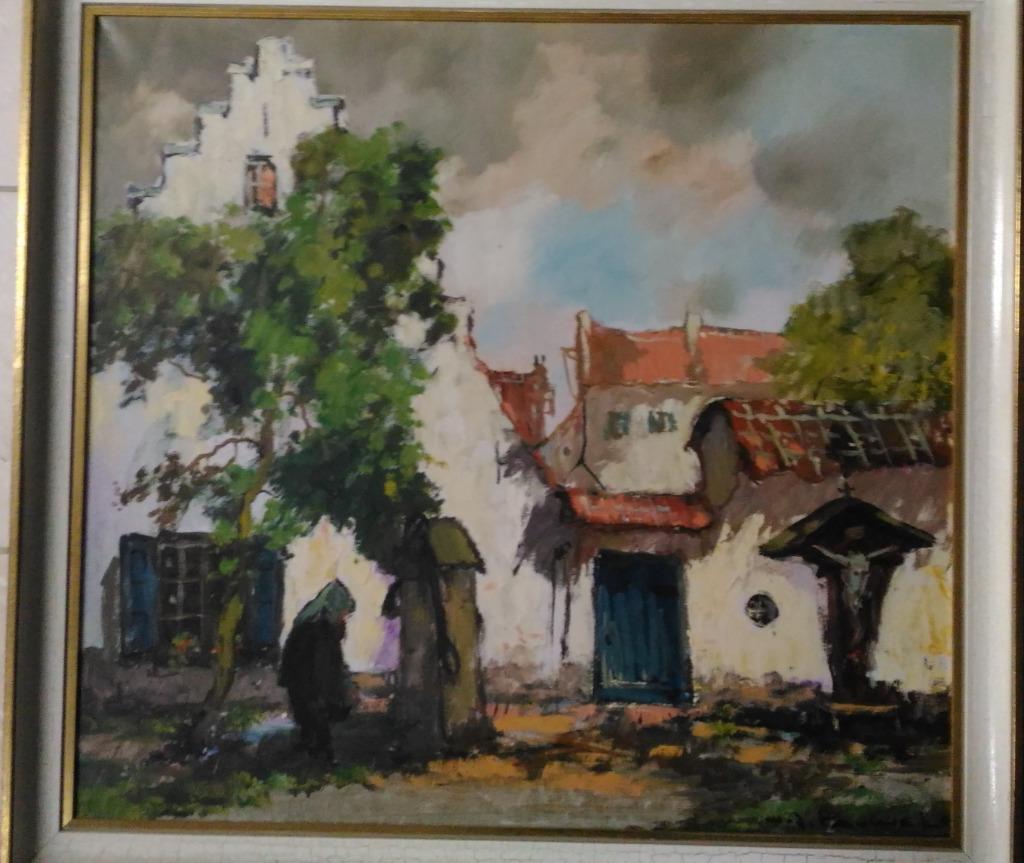 Béguinage sur toile et huile de HJ Pauwels (?), Antiquités & Art, Enlèvement