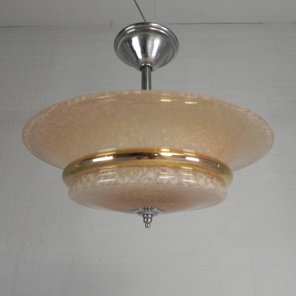 Art Deco hanglamp glazen schaal met gouden band, jaren 30, Ophalen of Verzenden