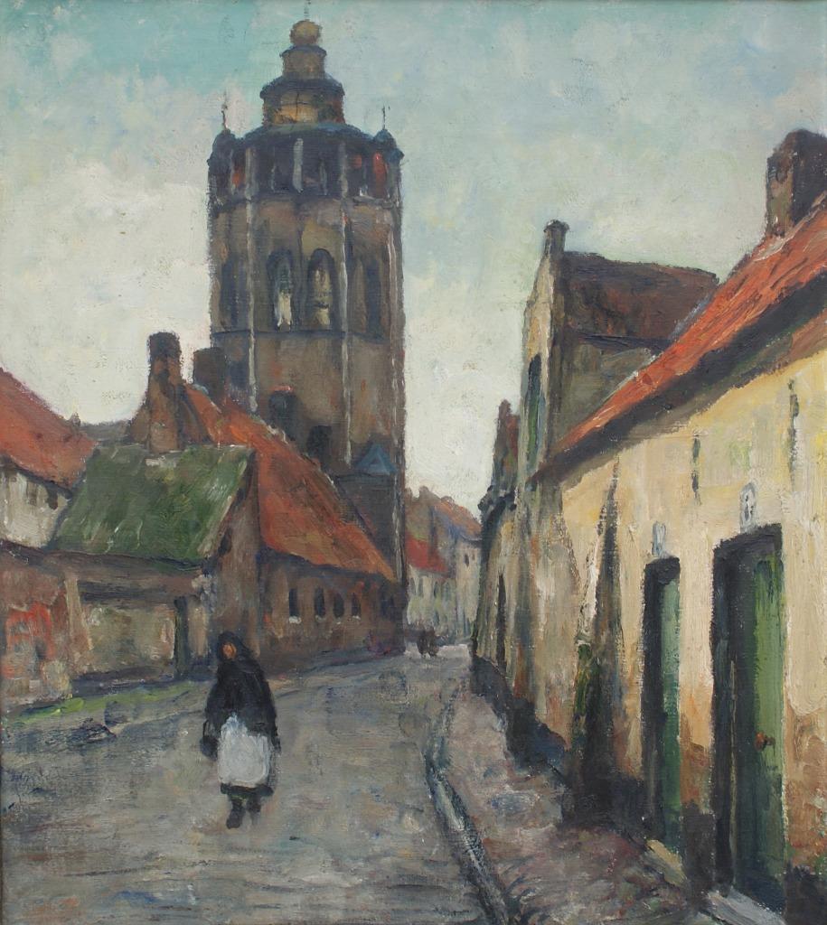 Leo Mechelaere (1880-1964): Brugs stadszicht (O/D, 76x91cm), Ophalen of Verzenden