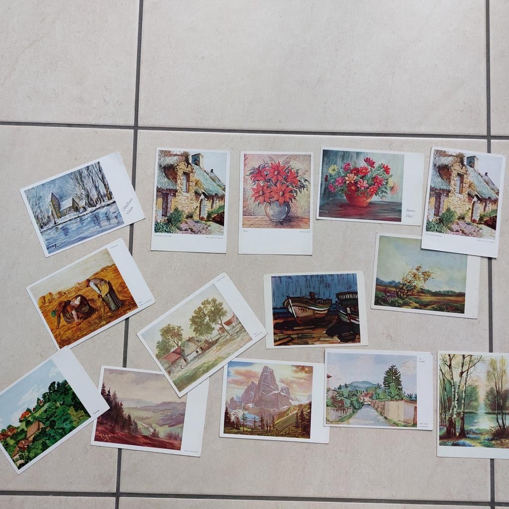 Lot postkaarten: kunstwerken geschilderd met mond en voet, Ophalen of Verzenden